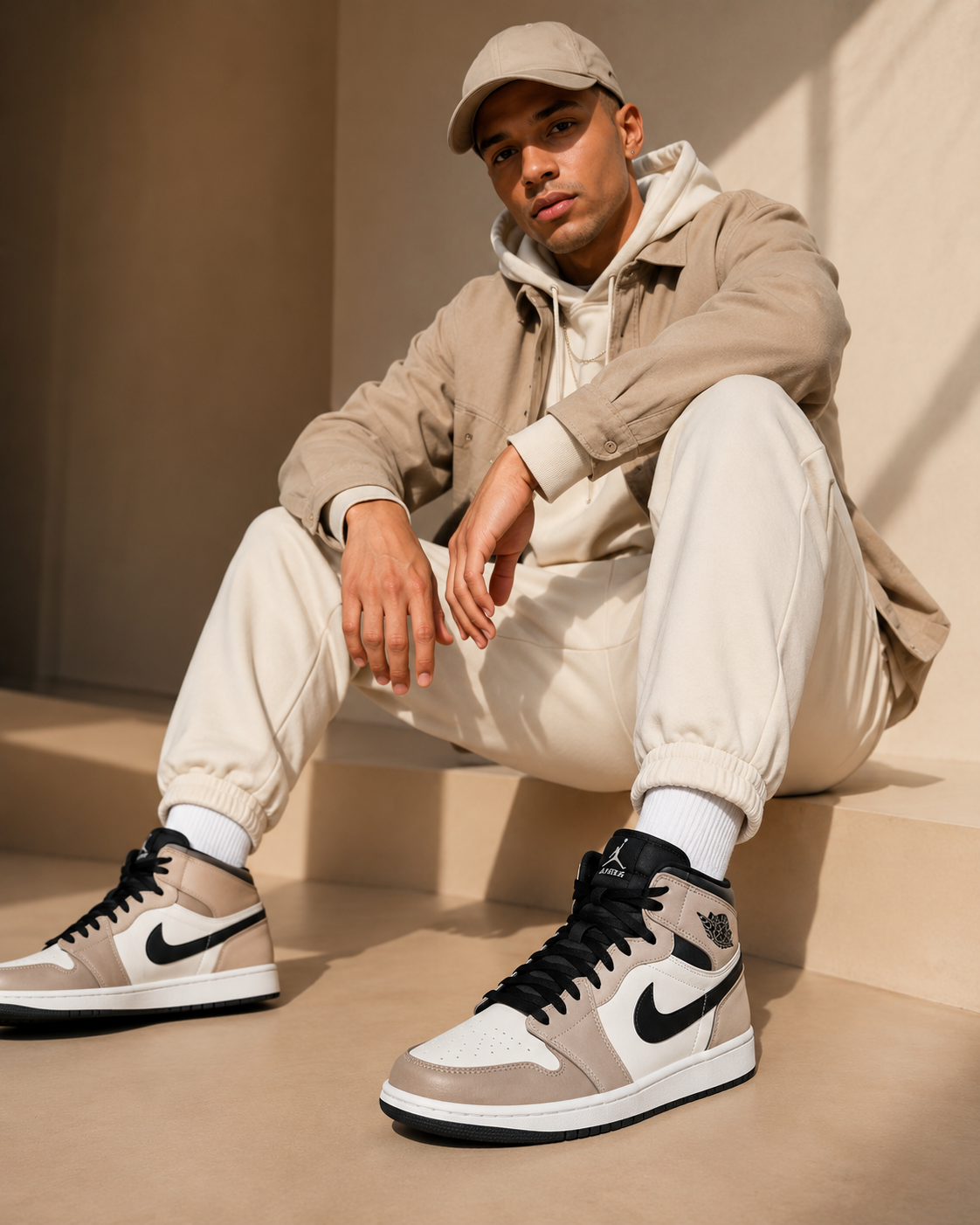 Modelo usando zapatillas urbanas estilo Jordan para outfit streetwear